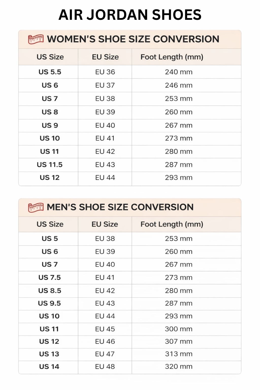 Air Jordan High Low Top Shoes Size Chart - Demon Slayer EU Store