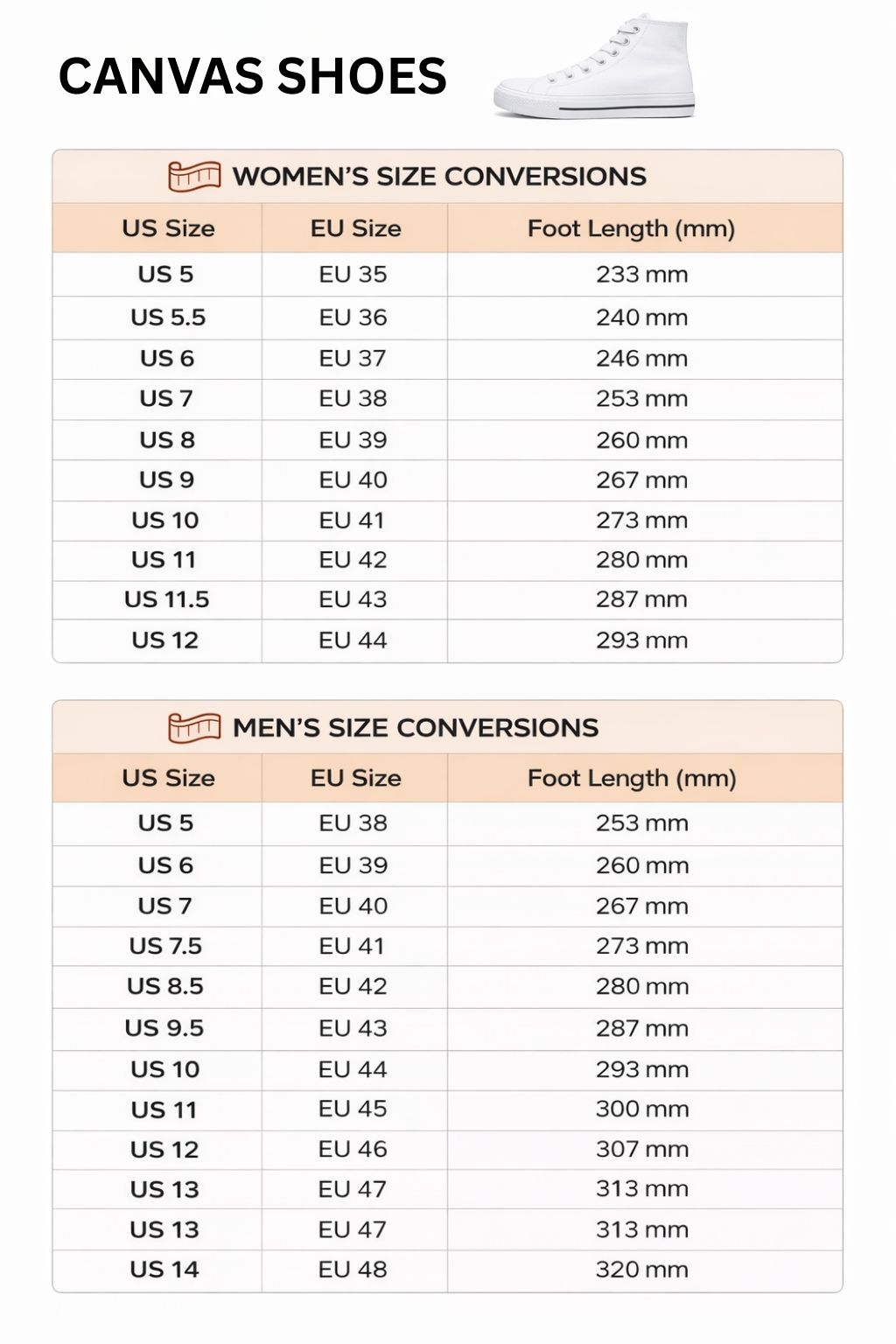 High Top Canvas Shoes Size Chart - Demon Slayer EU Store