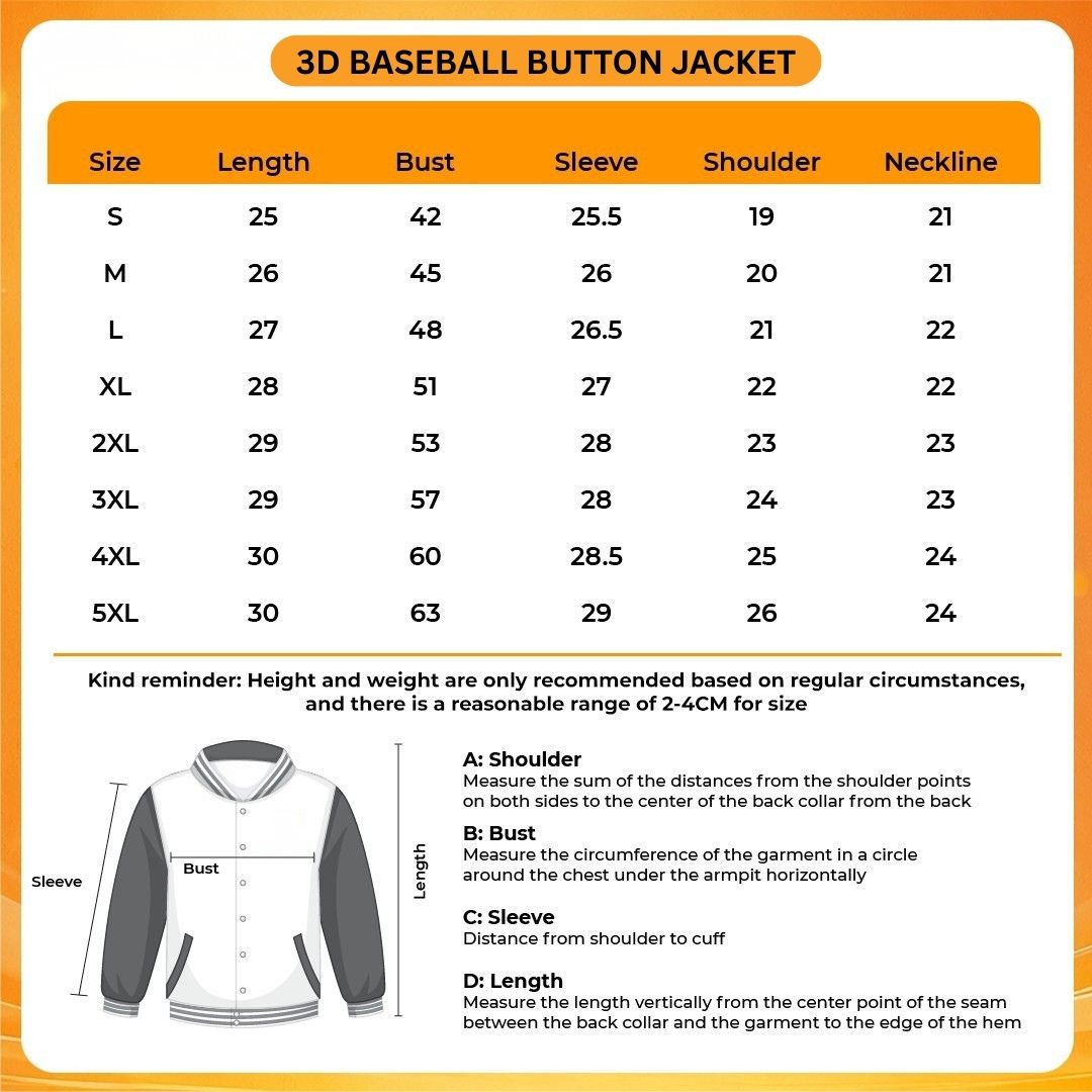3D Baseball Button Jacket Size Chart 1 - Demon Slayer EU Store